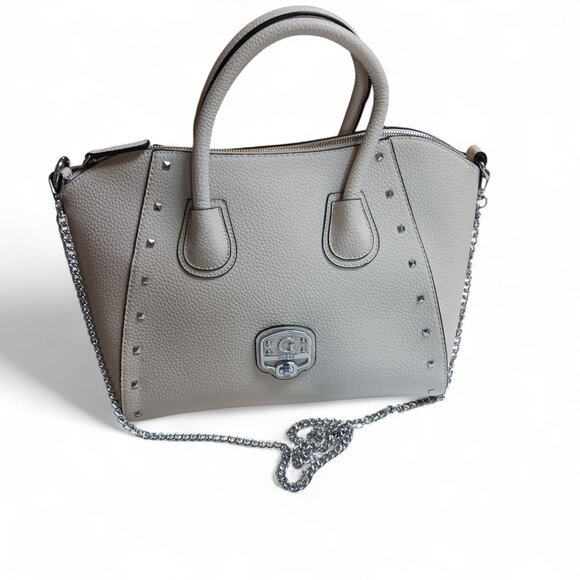 GUESS Garland Ivory Faux Pebbled Leather Tote Bag – Leopard Lining, Silver Chain - Picture 2 of 16